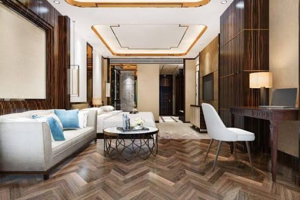 Herringbone-pattern wood flooring in a living room, design inspiration